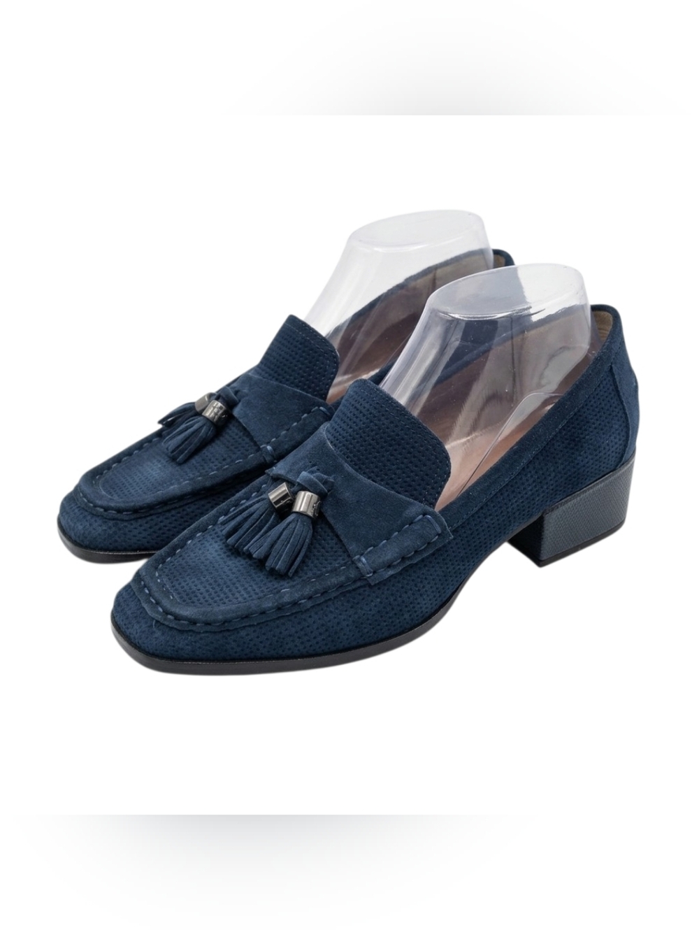 Donald Pliner Arroyo heeled loafers in navy suede featuring a tassel Size 8